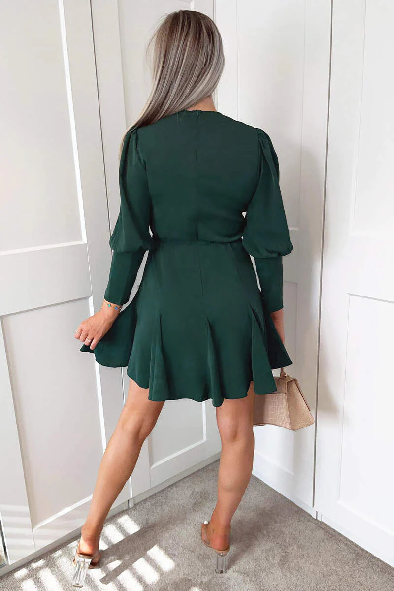Teal V-Neck Long Sleeve Skater Dress - Swimclubus
