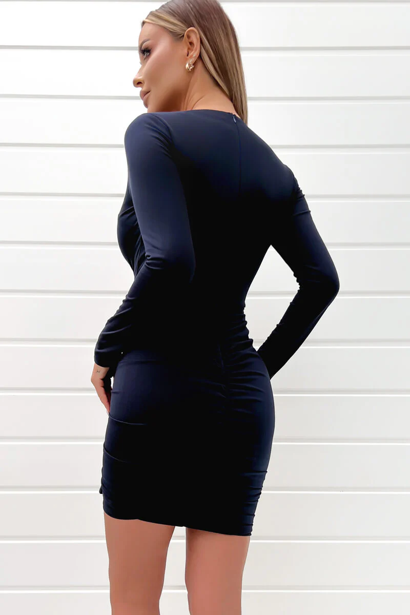 Navy Frill Detail Long Sleeve Bodycon Mini Dress - Swimclubus