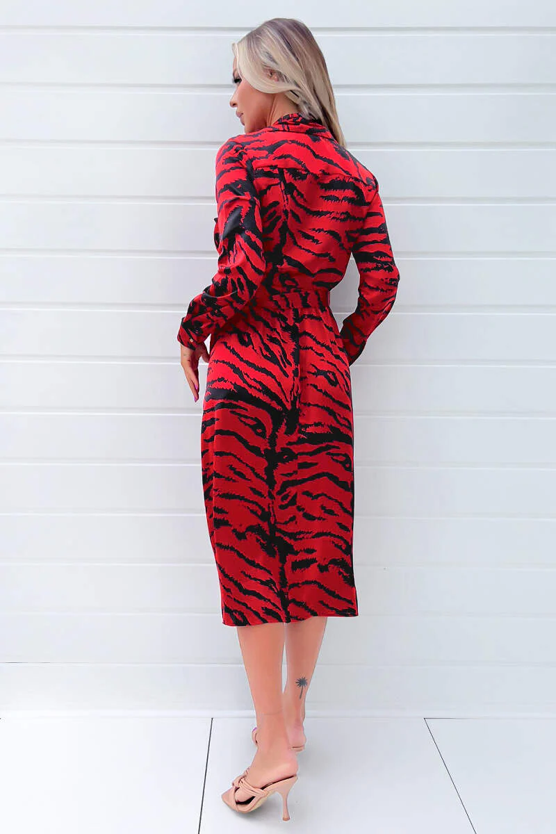 Red And Black Printed Long Sleeve Wrap Belted Midi Dress - Swimclubus