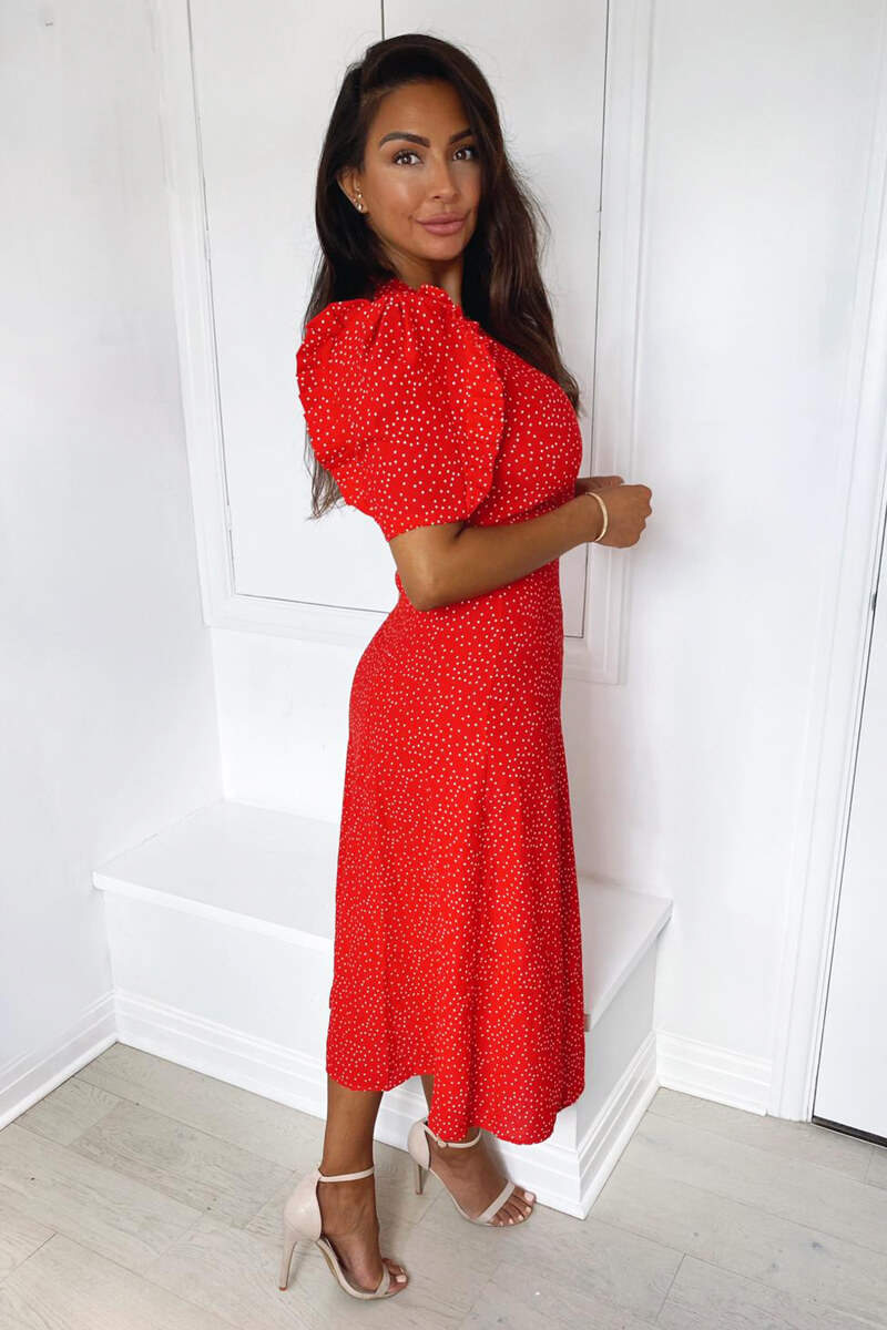 Red Polka Dot Frill Sleeve Midi Dress - Swimclubus