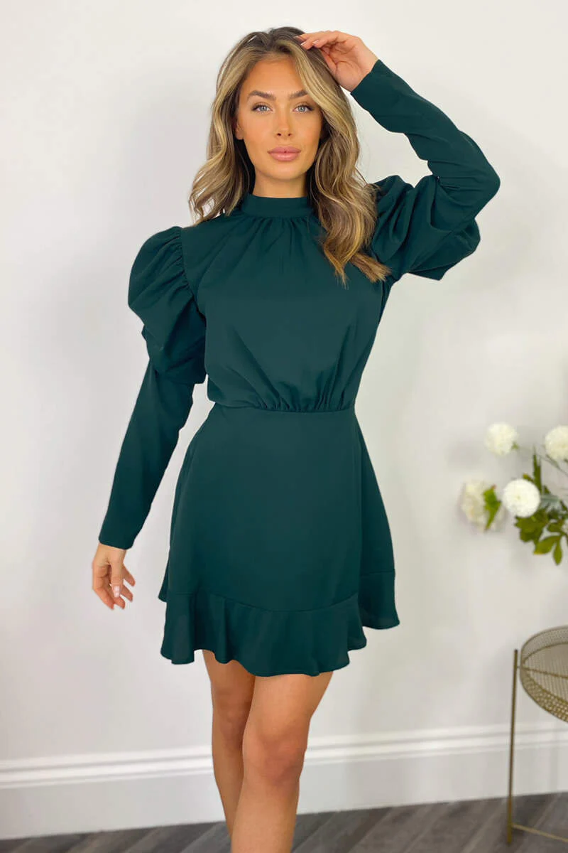 Teal Puff Sleeve Skater Dress - Swimclubus