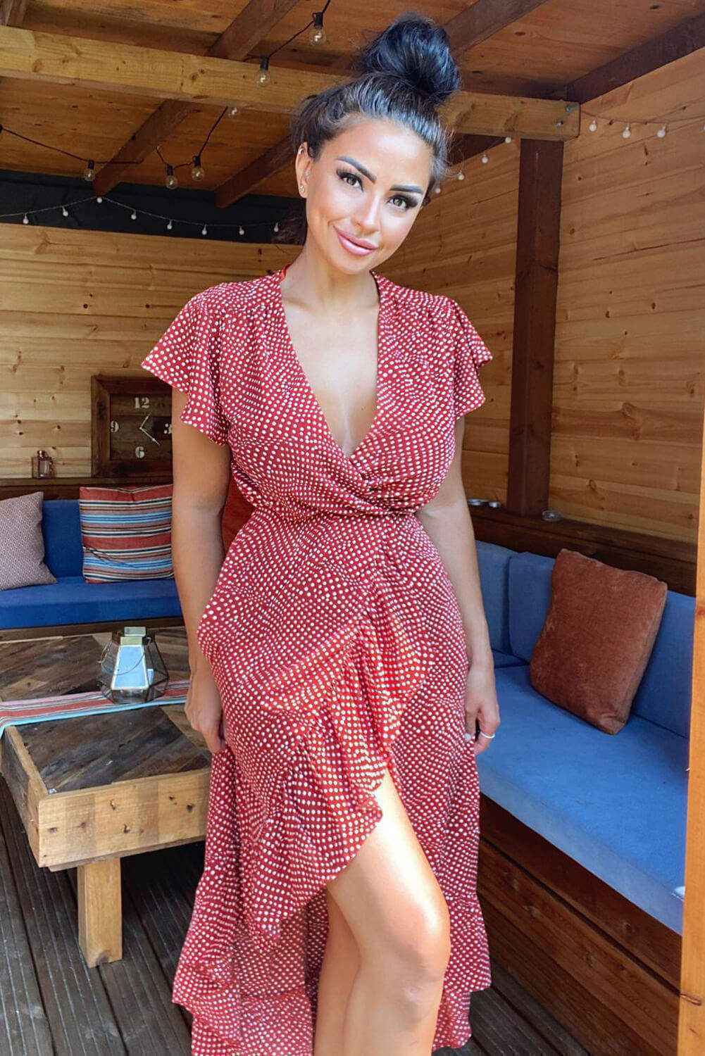 Rust Polka Dot Wrap Over Midi Dress - Swimclubus