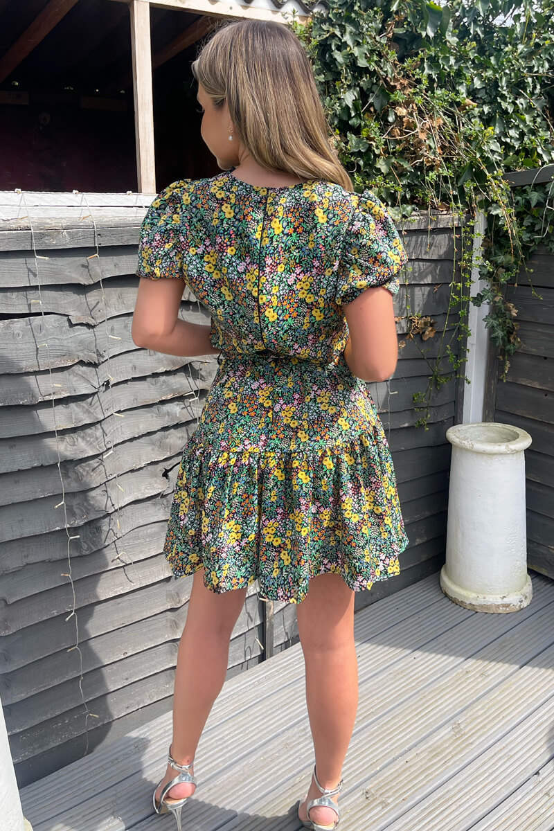 Black Ditsy Floral Printed Tie Waist Frill Hem Dress - Swimclubus