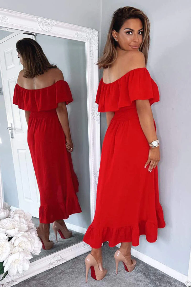 Red Bardot Style Midi Dress - Swimclubus