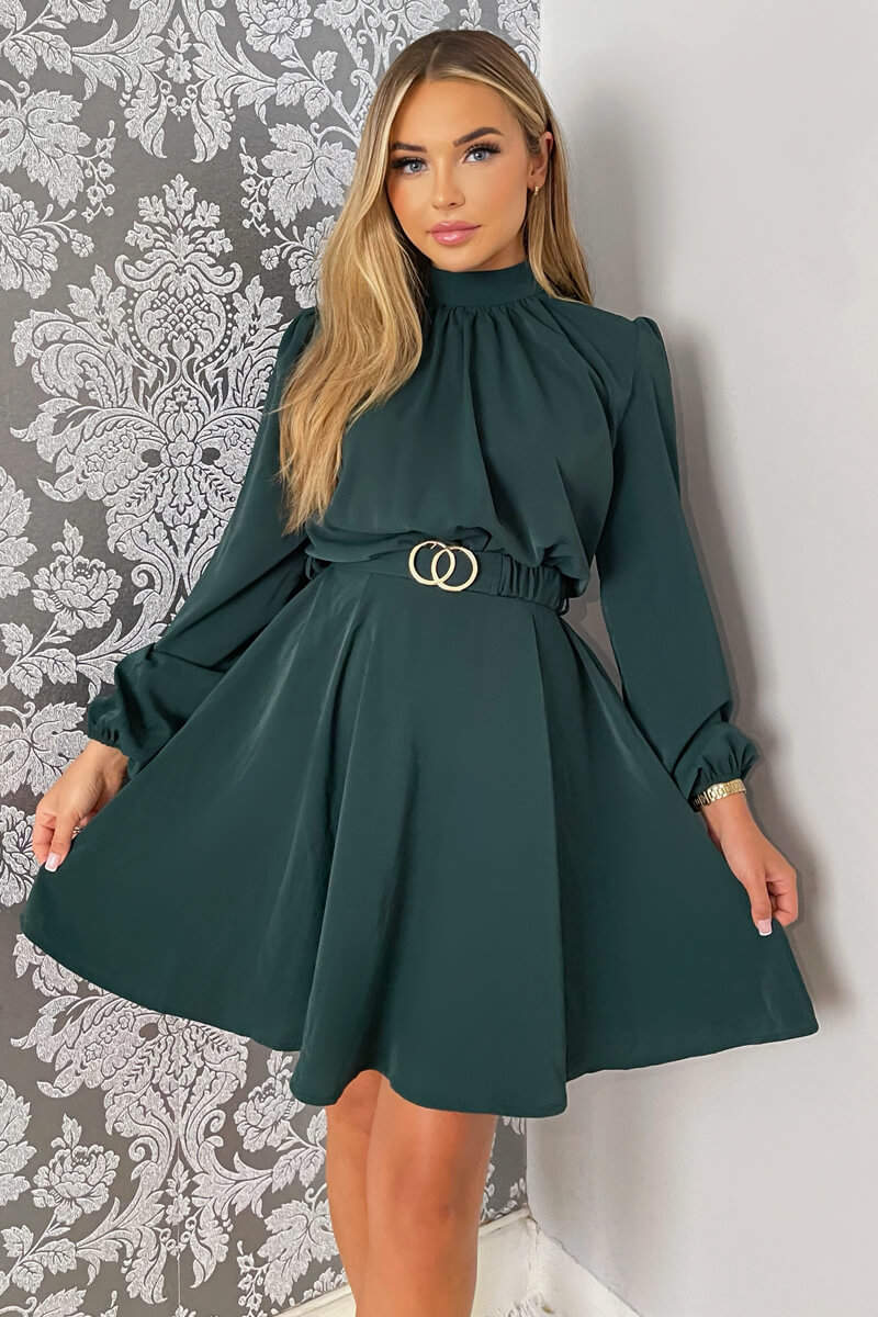 Teal High Neck Long Puff Sleeve Belted Skater Dress - Swimclubus
