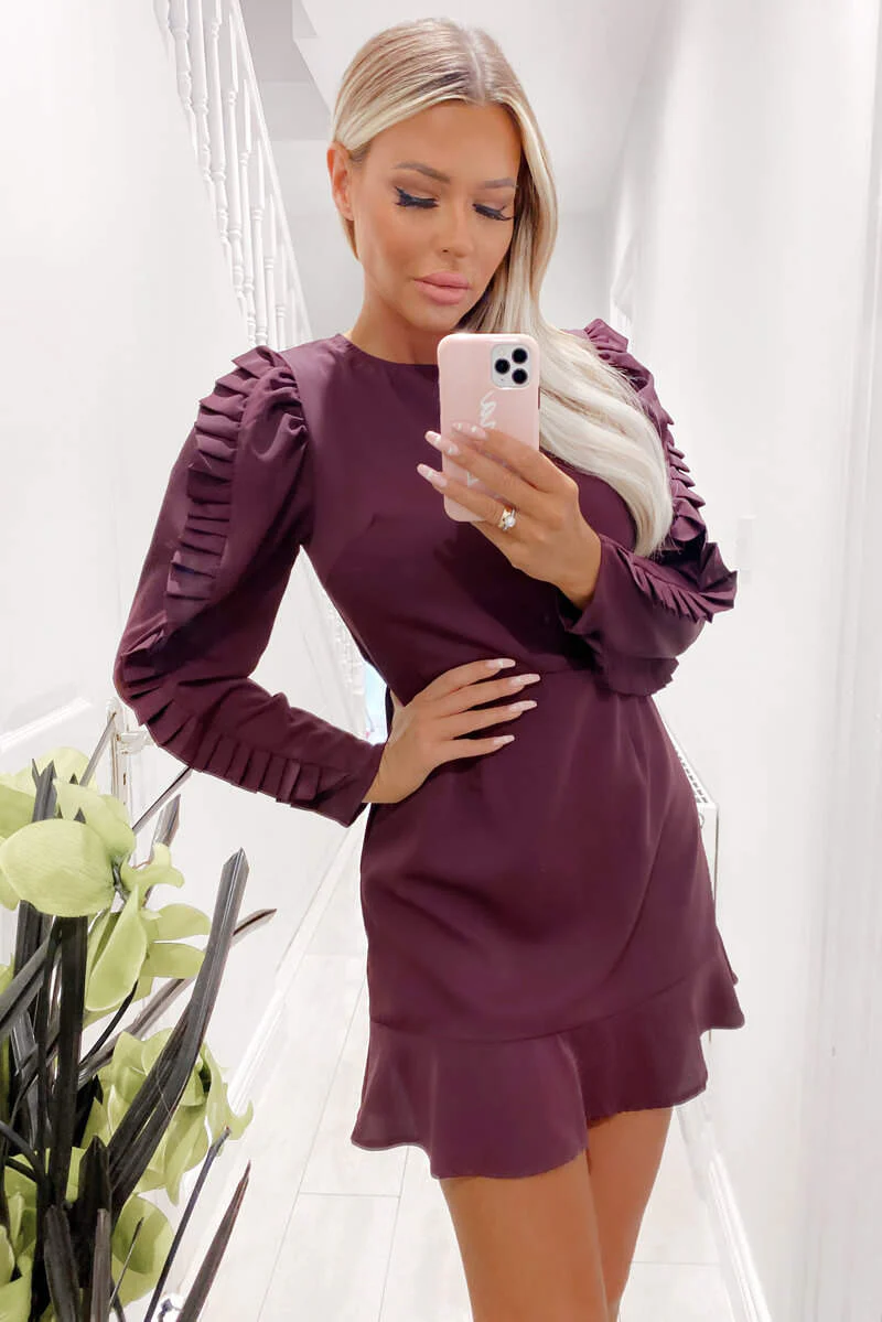 Plum Pleated Long Sleeve Skater Dress - Swimclubus