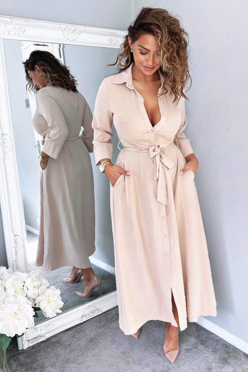 Nude Button Up Midi Shirt Dress - Swimclubus