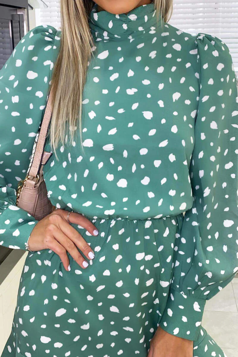 Green Printed High Neck Skater Dress - Swimclubus