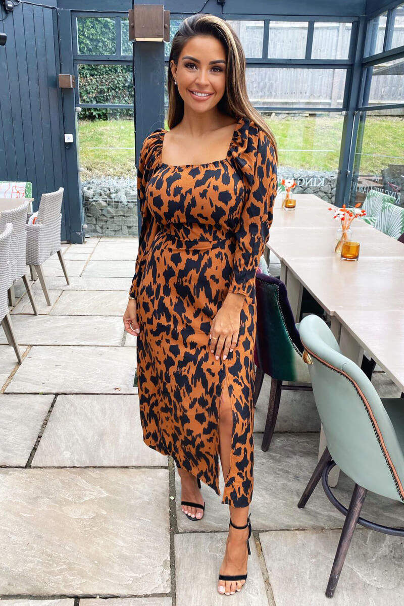 Camel Animal Print Square Neck Midi Dress - Swimclubus