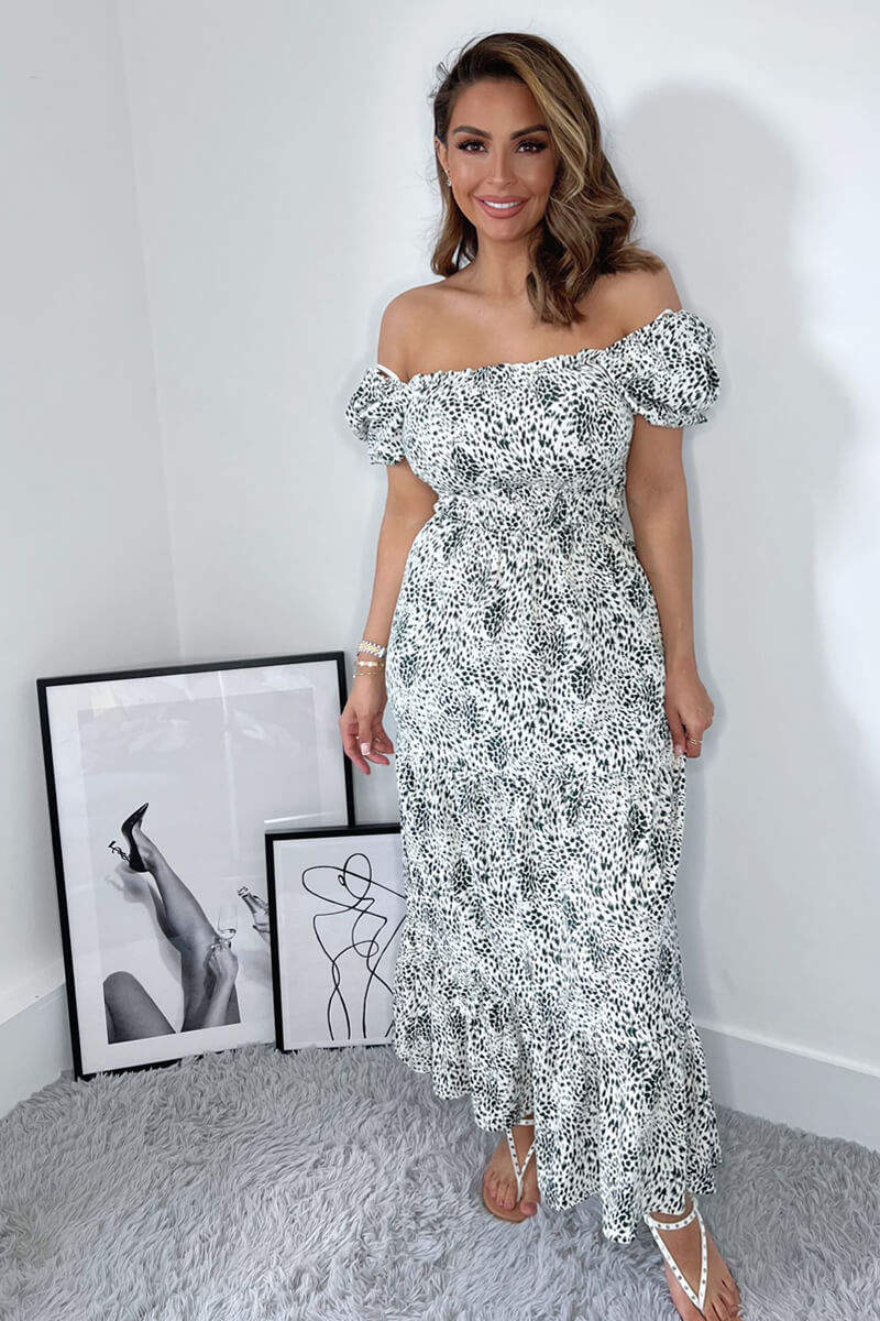 Cream And Green Printed Elasticated Midi Smock Dress - Swimclubus