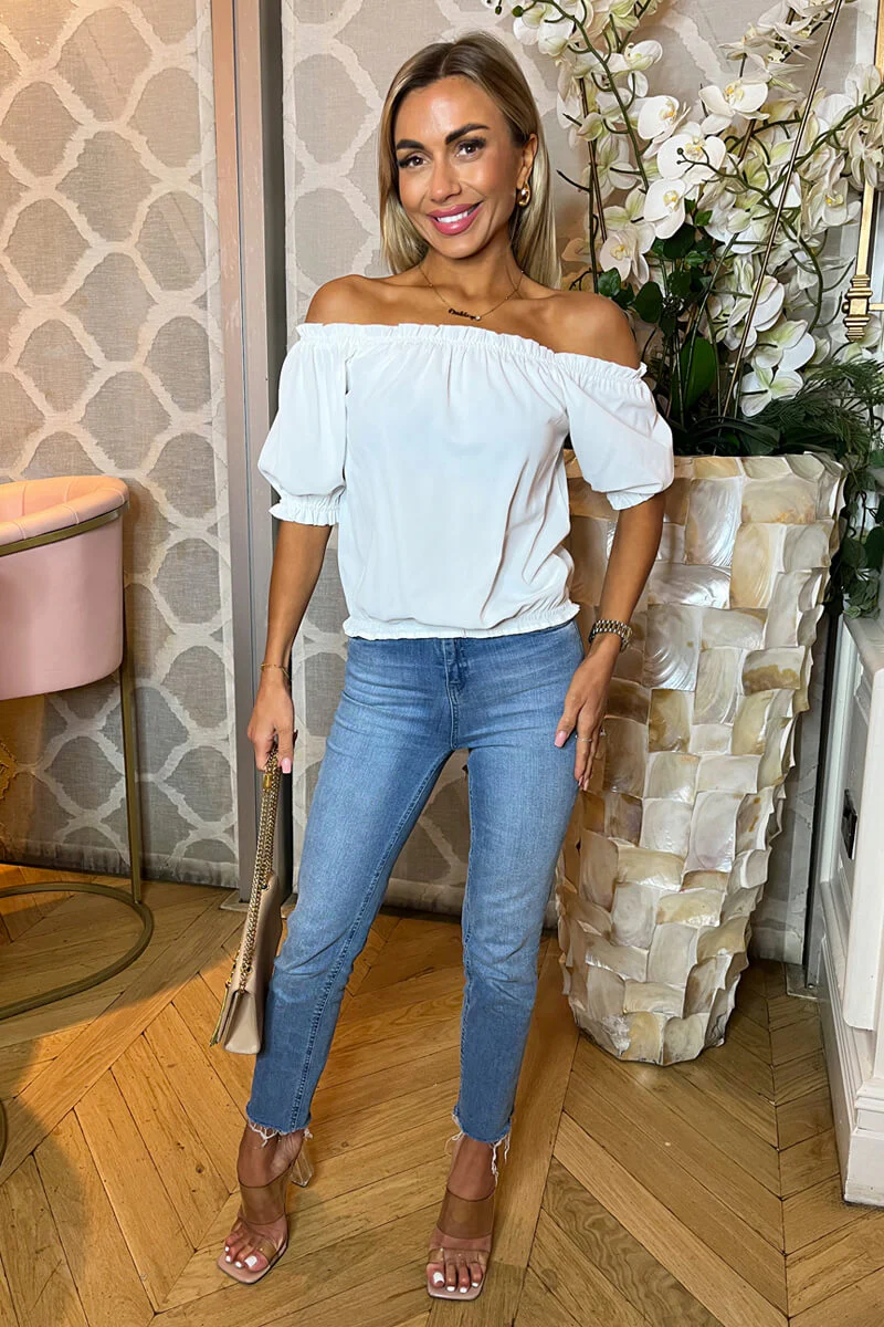 Cream Elasticated Off The Shoulder Frill Detail Top - Swimclubus