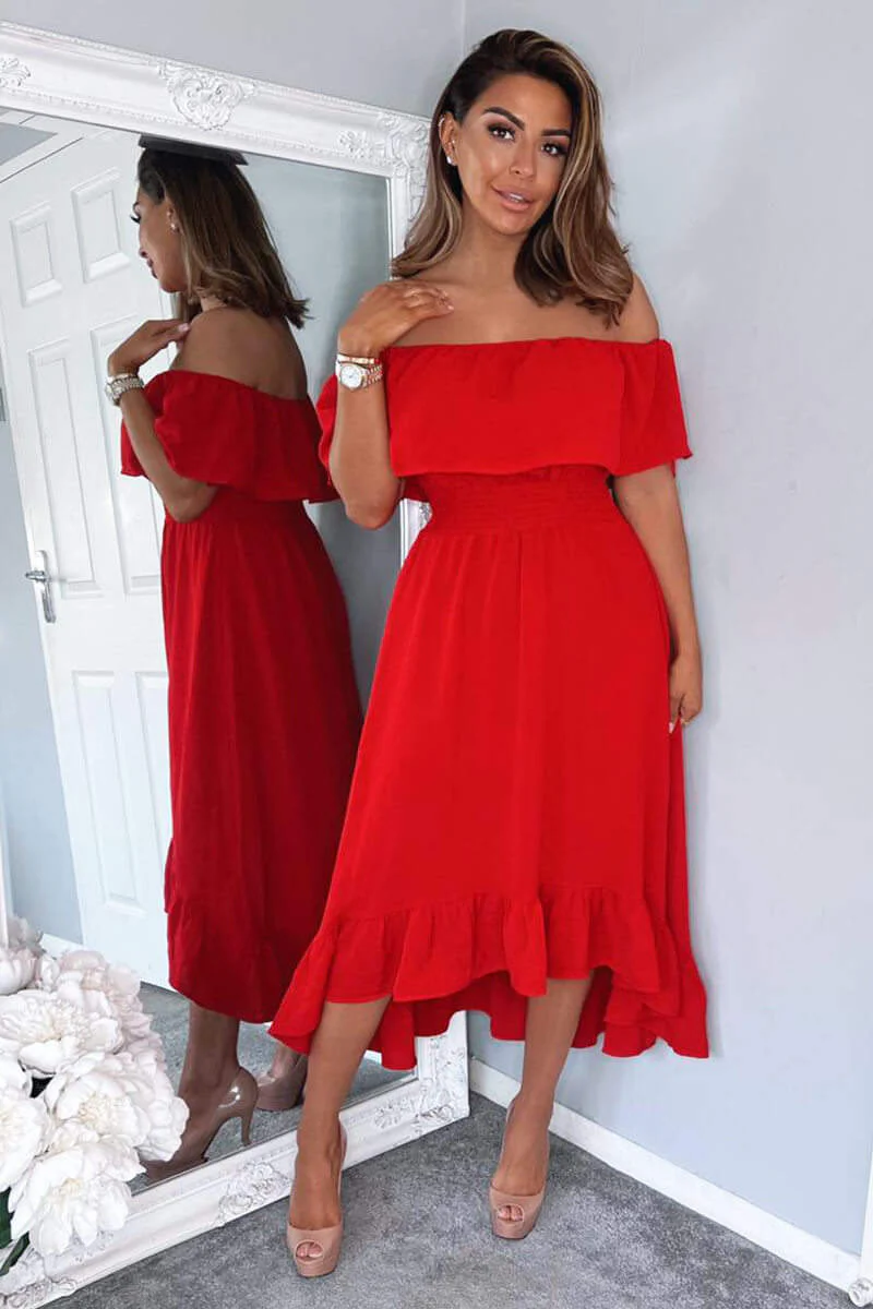 Red Bardot Style Midi Dress - Swimclubus