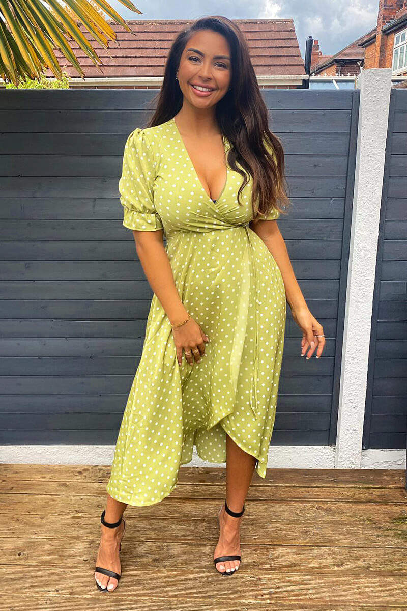Olive Polka Dot Puff Sleeve Wrap Midi Dress - Swimclubus