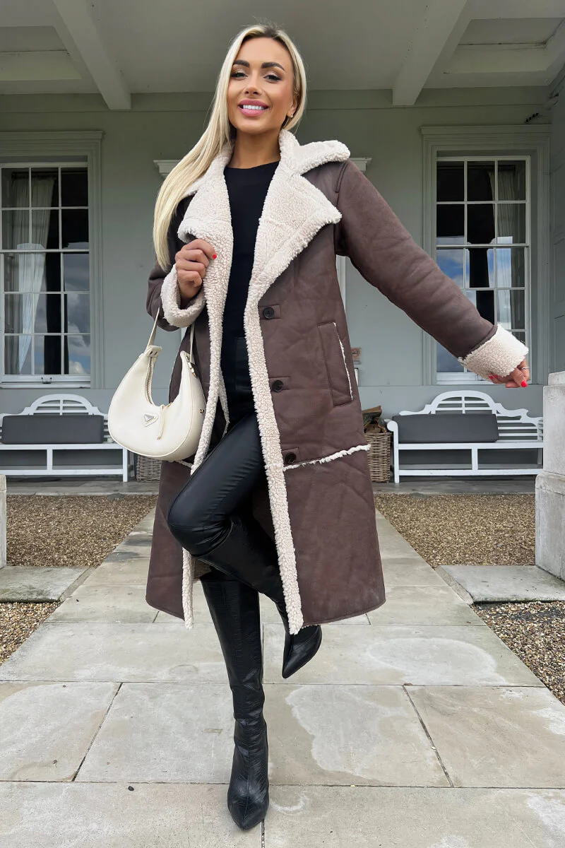 Brown Longline Faux Shearling Coat - Swimclubus