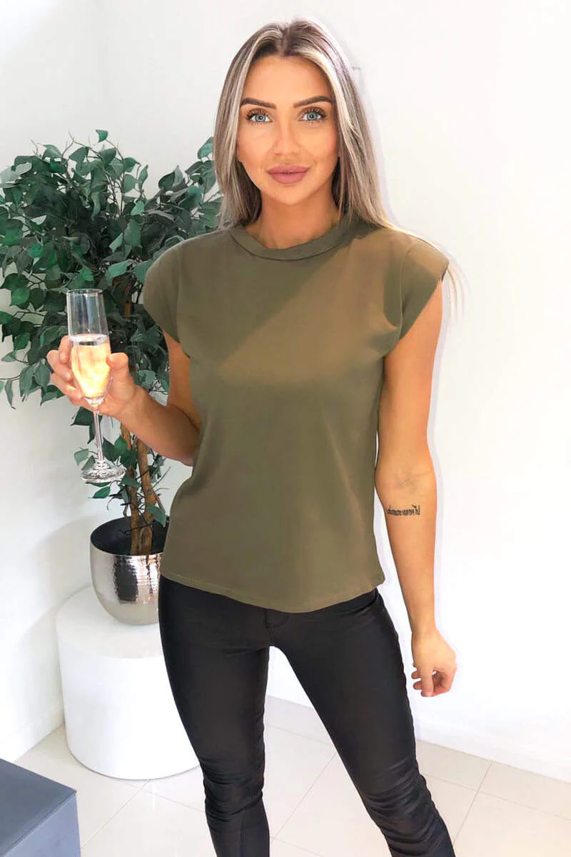 Khaki Padded Shoulder Sleeveless T-Shirt - Swimclubus