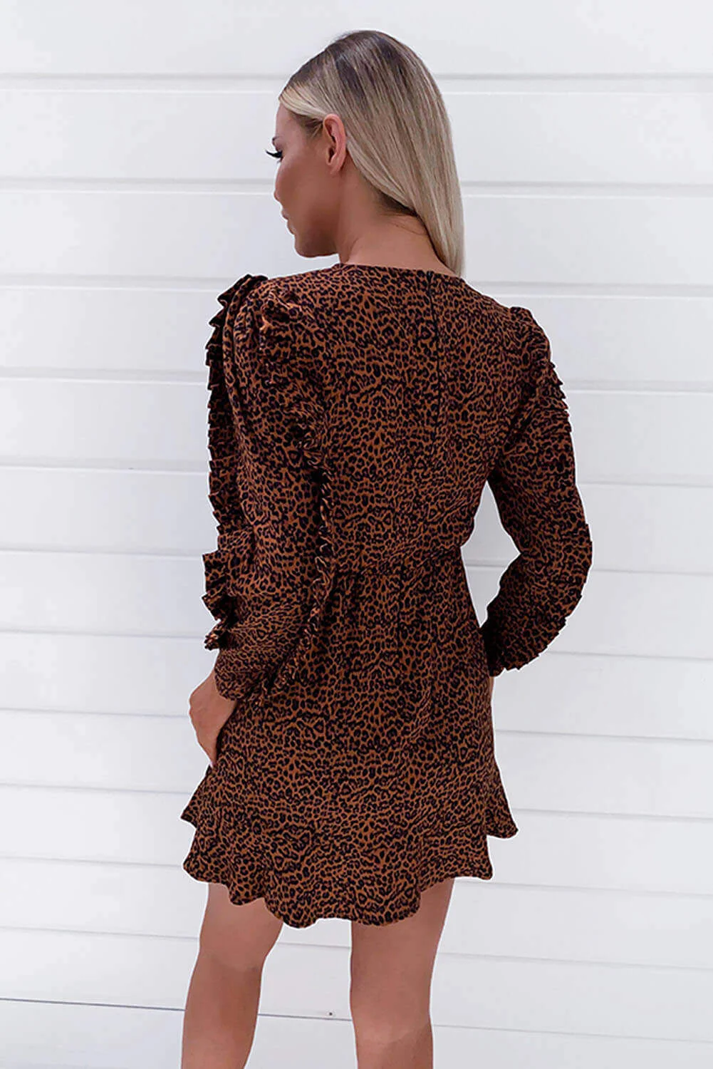 Rust Animal Print Pleated Sleeve Skater Dress - Swimclubus