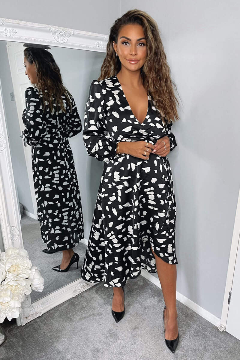 Black and White Printed Wrap Midi Dress - Swimclubus