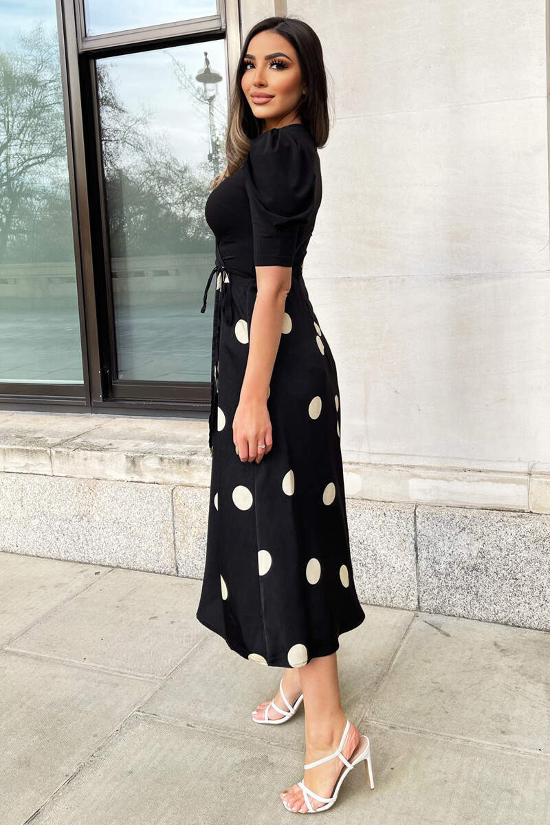 Black And Cream Polka Dot 2 in 1 Wrap Over Midi Dress - Swimclubus