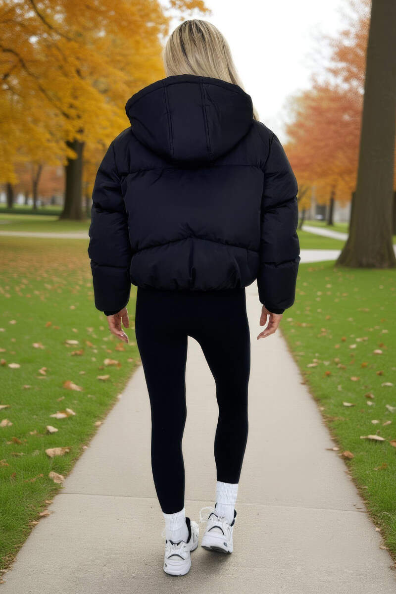 Black Drawstring Hood Short Puffer Coat - Swimclubus