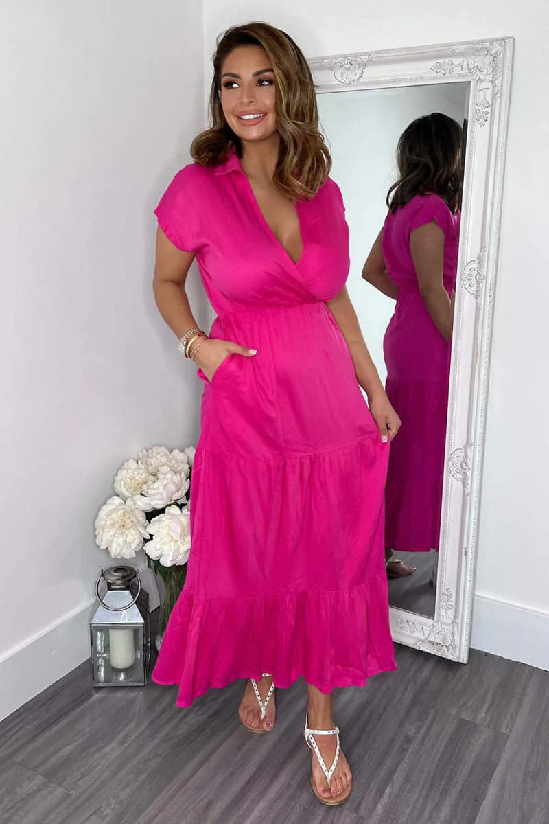 Hot Pink Short Sleeved V-Neck Midi Smock Dress - Swimclubus