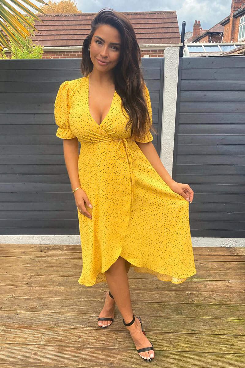 Yellow Polka Dot Wrap Midi Dress - Swimclubus
