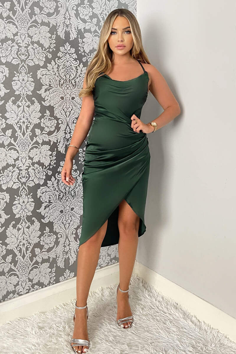 Teal Pleated Wrap Cowl Neck Satin Midi Dress - Swimclubus