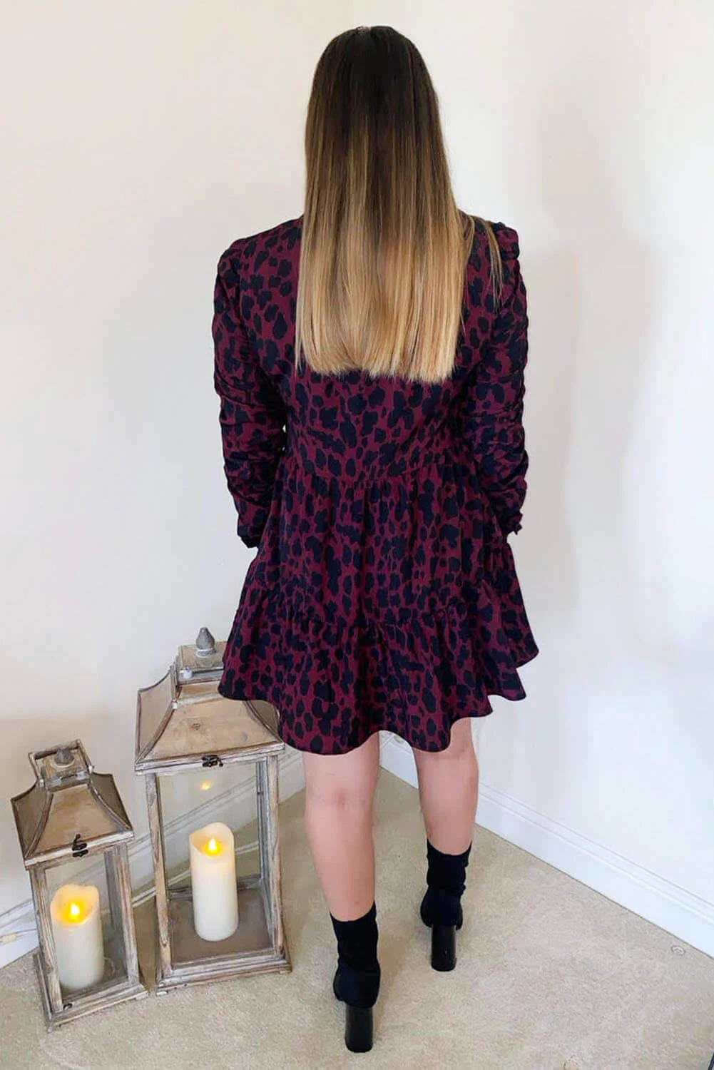 Wine Printed Ruched Sleeve Swing Dress - Swimclubus