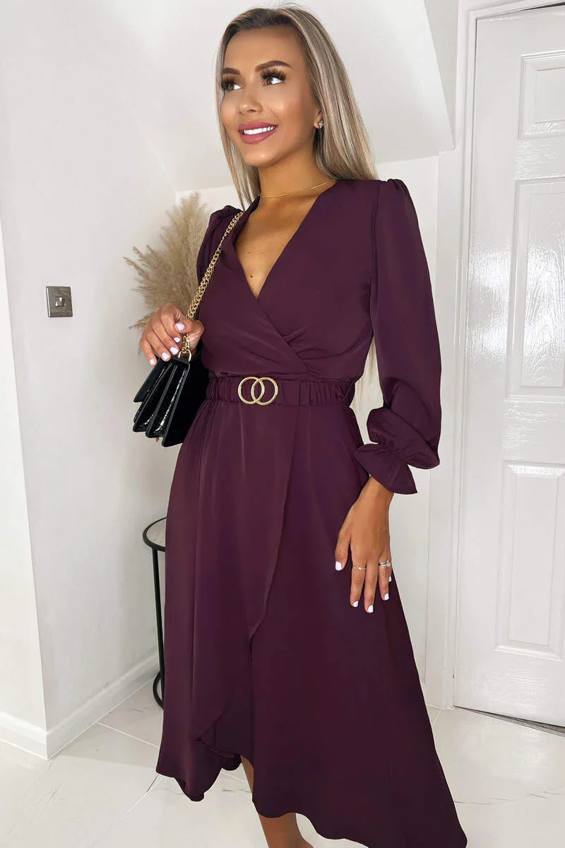 Plum Long Sleeve Belted Midi Dress - Swimclubus