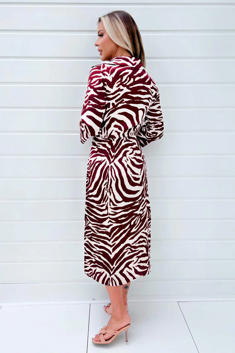 Burgundy Animal Print Button Top Gathered Side Midi Dress - Swimclubus