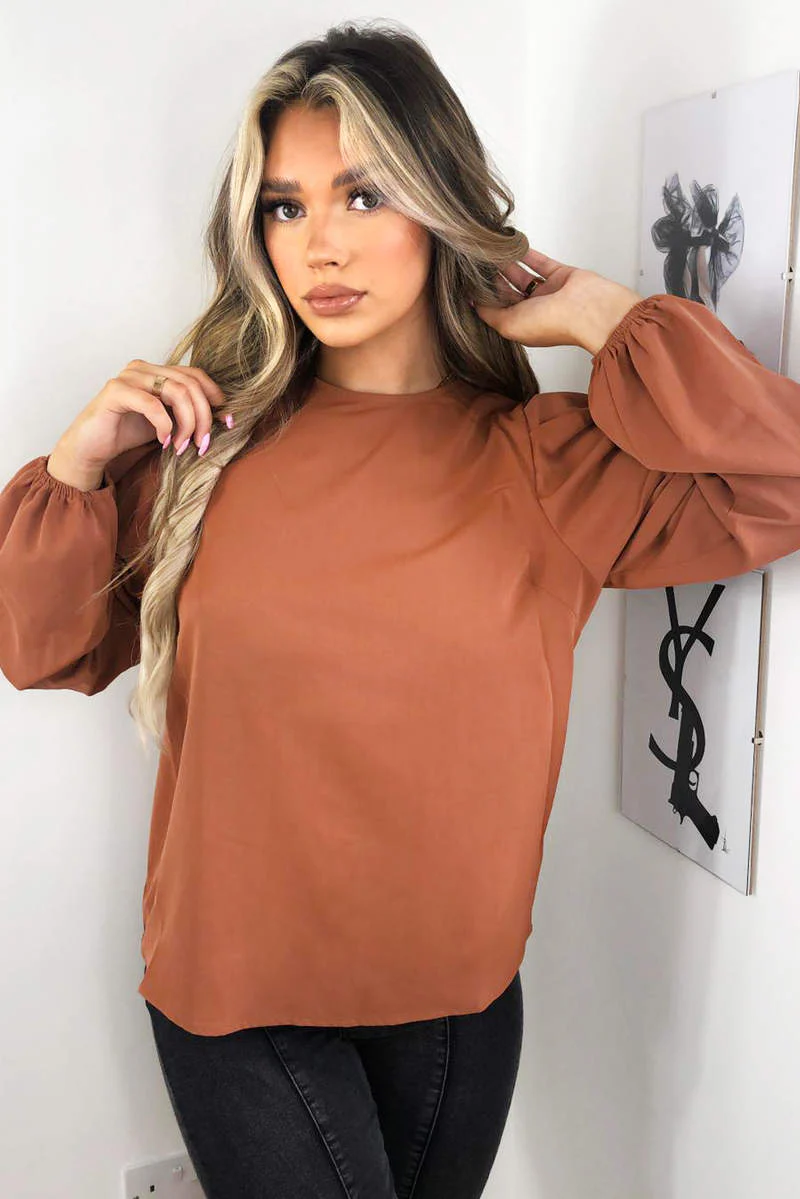 Camel Puff Sleeve Loose Fit Top - Swimclubus