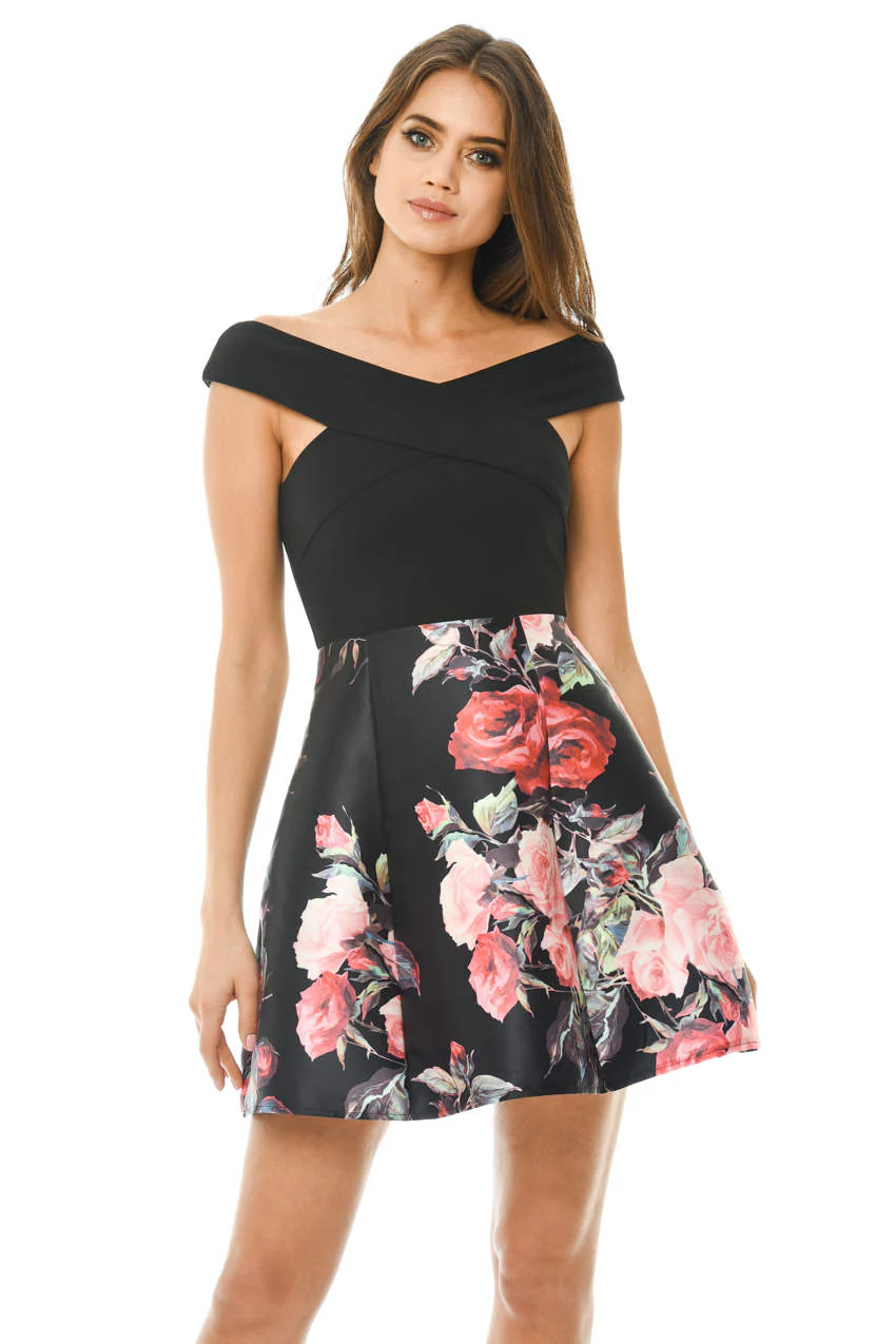 Black Printed Floral 2 in 1 Off Shoulder  Midi Skater Dress - Swimclubus
