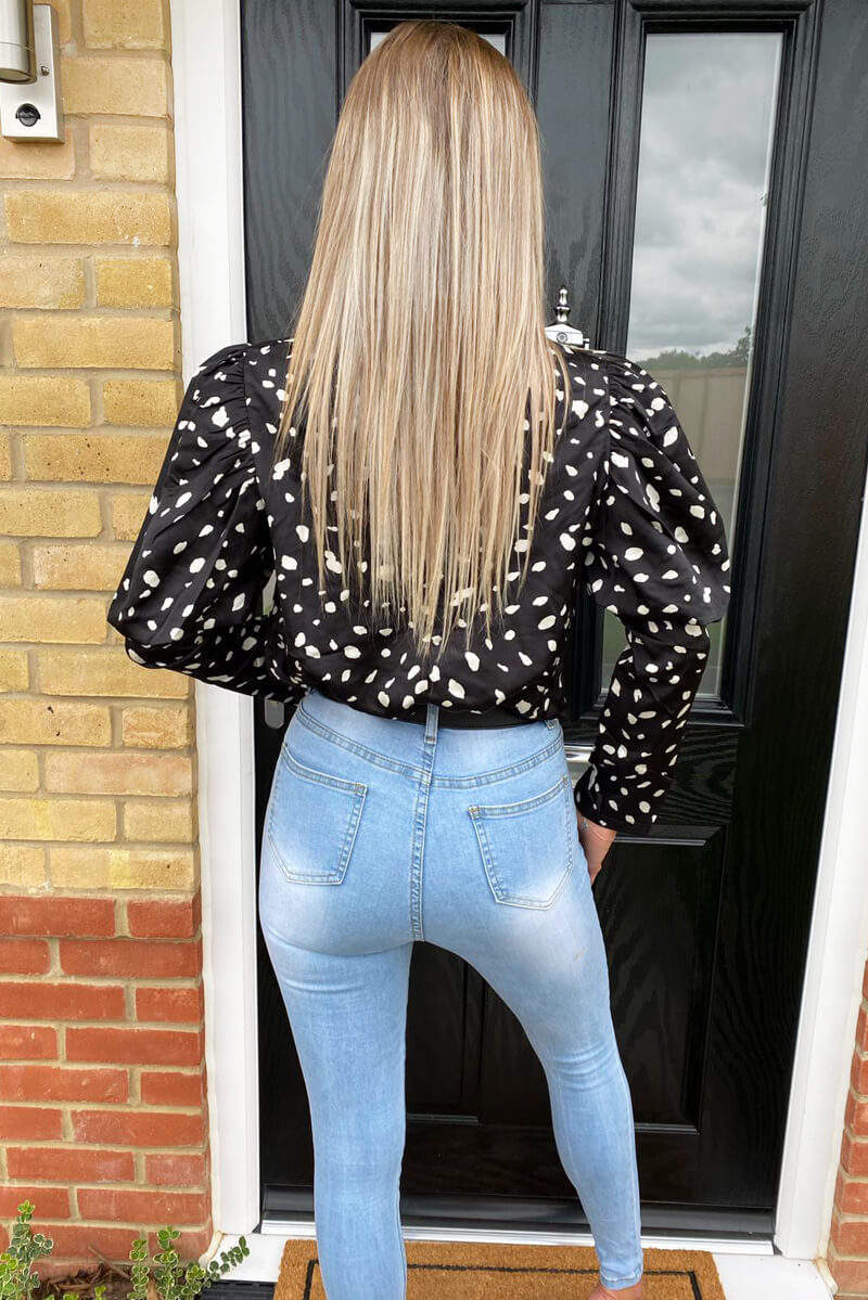 Black Spotty Puffed Out Sleeve Blouse - Swimclubus