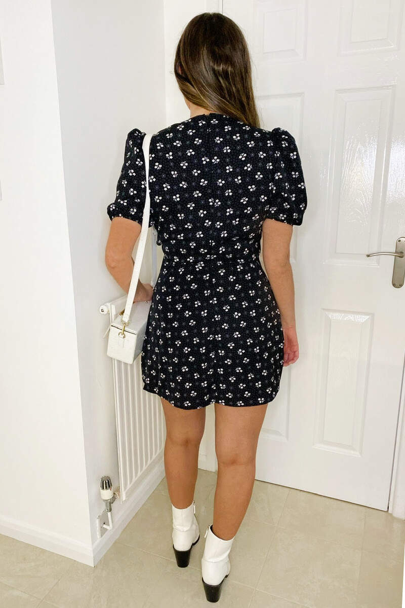 Black Ditsy Floral and Spot Pleat Wrap Dress - Swimclubus