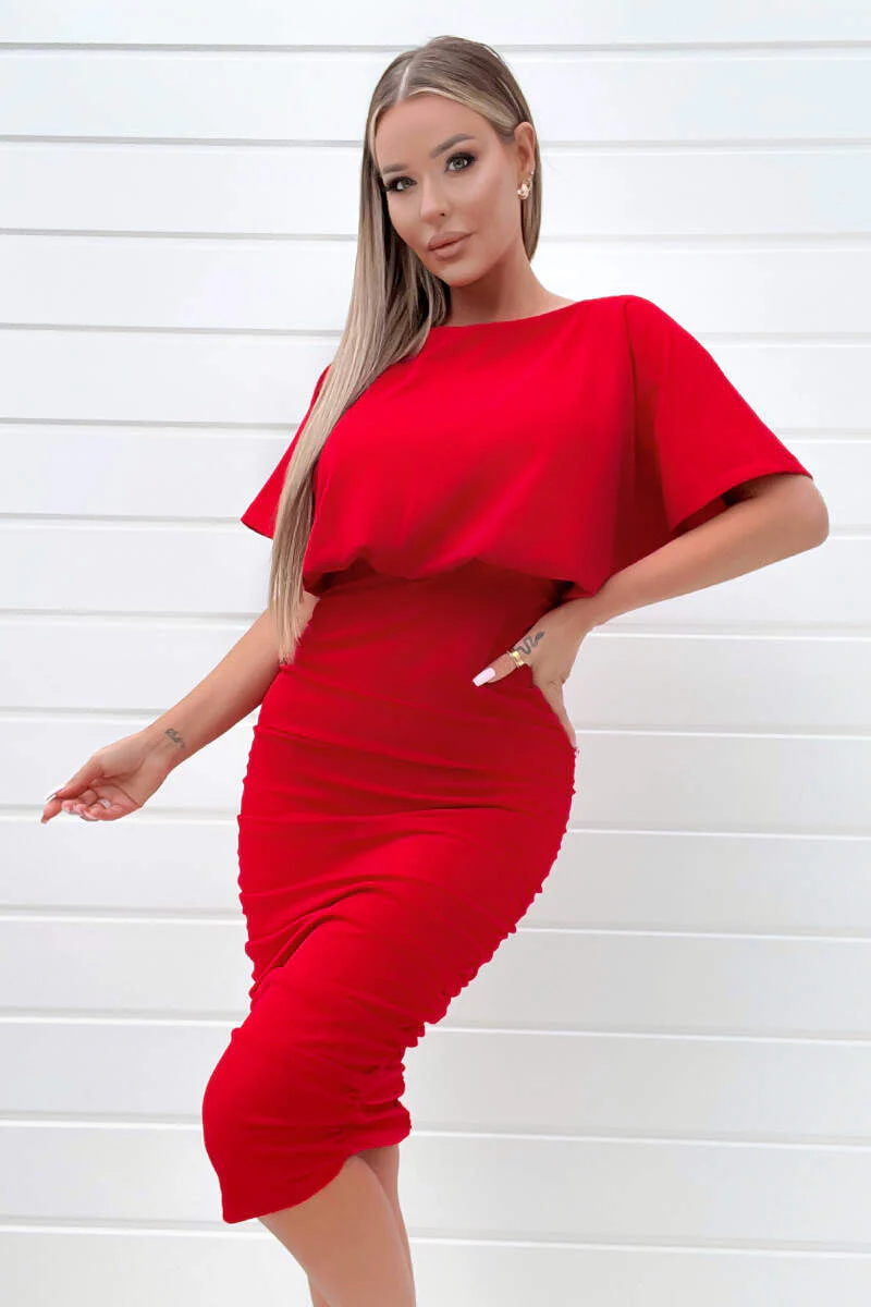 Red Short Sleeve Side Ruched Midi Dress - Swimclubus