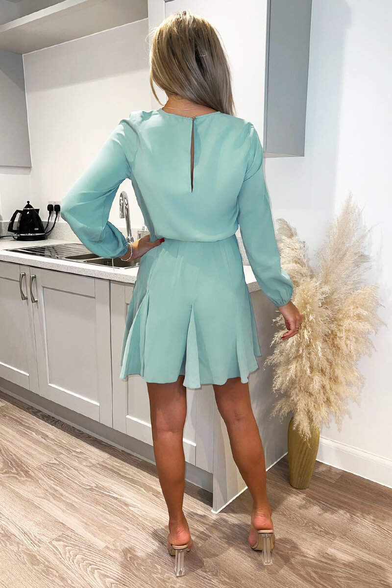 Duck Egg Long Sleeve Frill Skirt Dress - Swimclubus