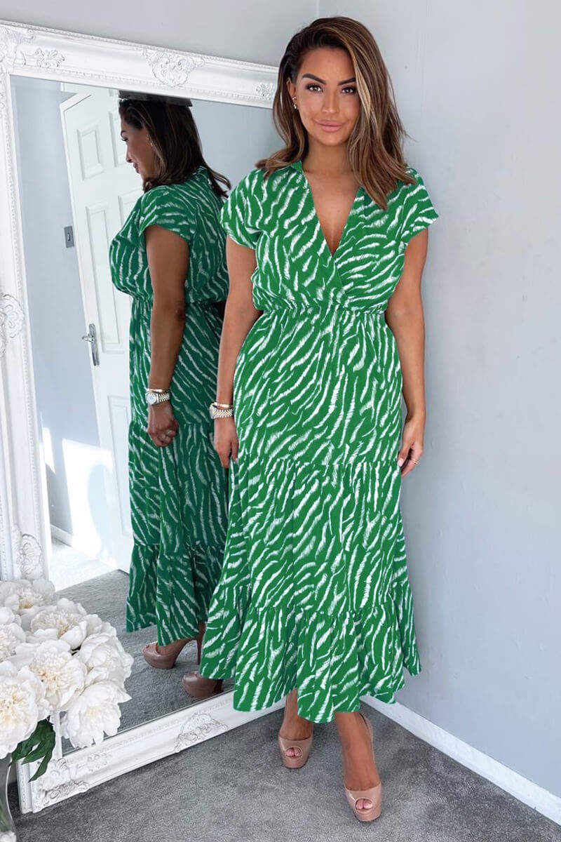Green And White Animal Print Collared Smock Midi Dress - Swimclubus
