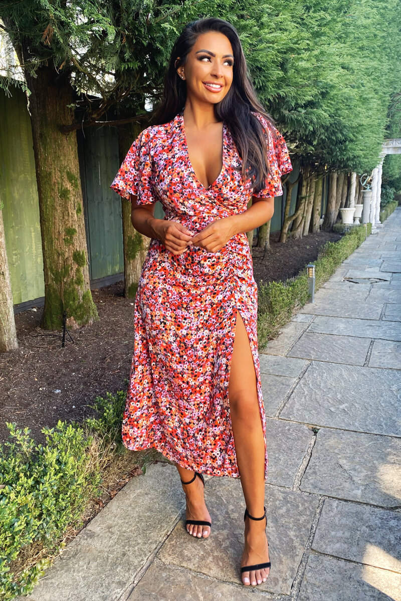 Red Ditsy Print Wrap Midi Dress - Swimclubus