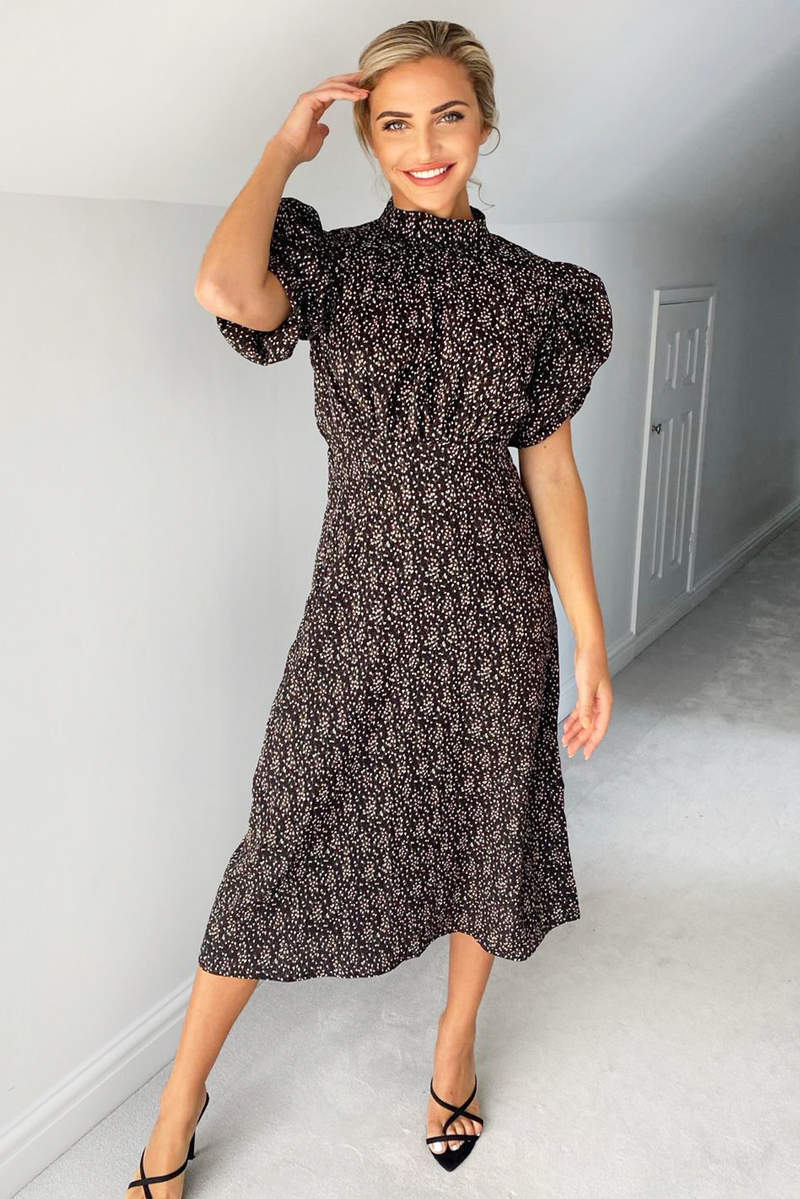 Black Ditsy Floral Puff Sleeve Midi Dress - Swimclubus