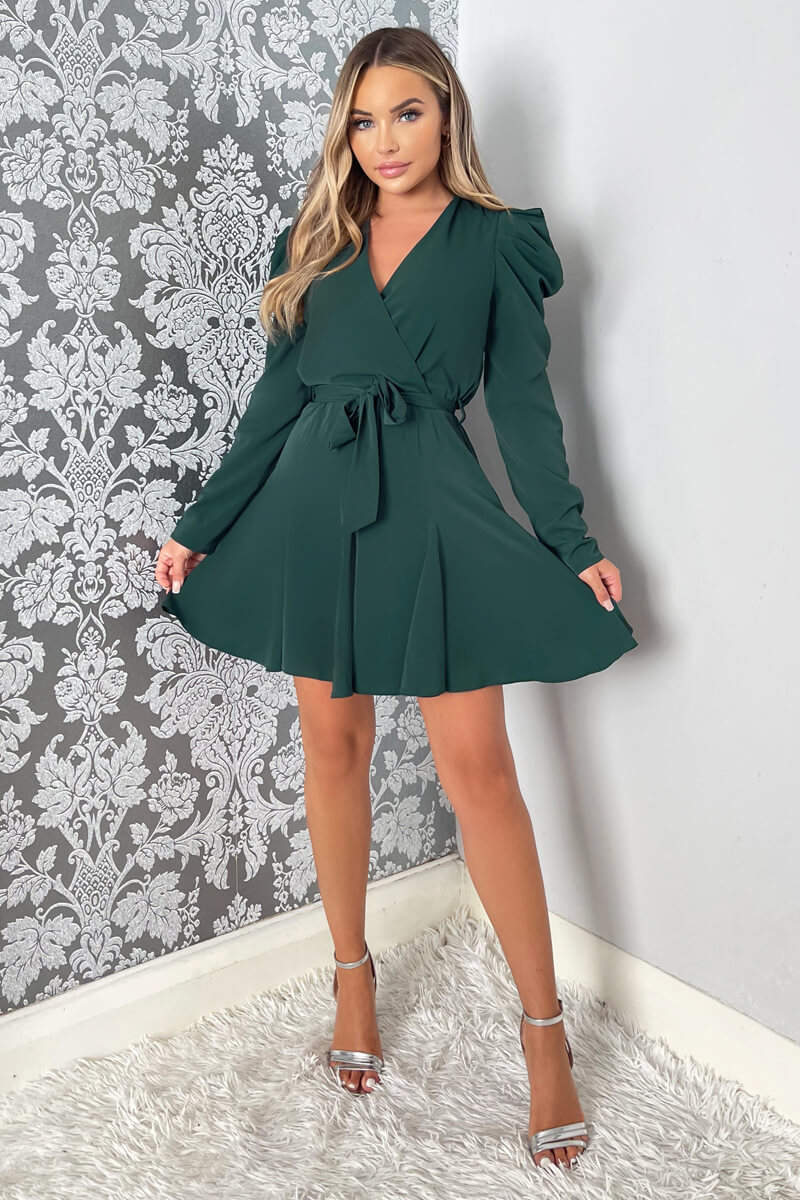 Teal Long Sleeve Tie Waist Skater Dress - Swimclubus