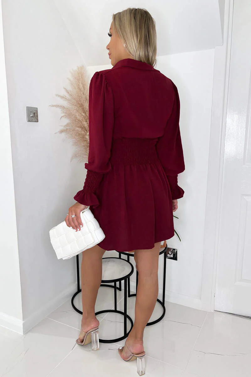 Wine Shirred Waist Long Sleeve Shirt Dress - Swimclubus