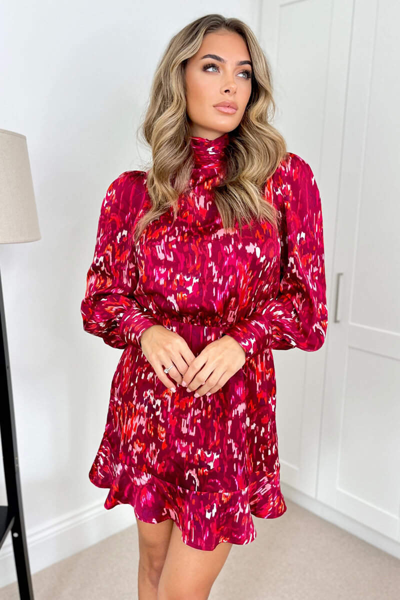 Wine Printed High Neck Skater Dress - Swimclubus