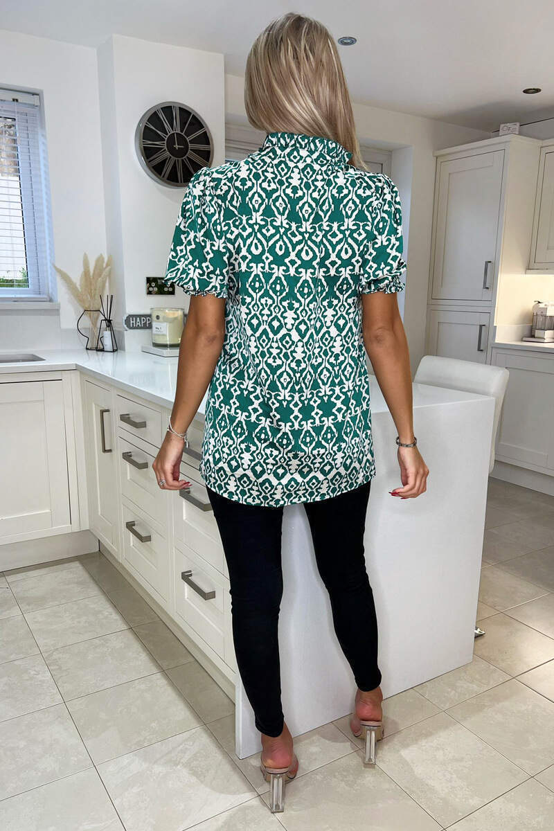 Green Printed Short Sleeve Button Up Shirt - Swimclubus