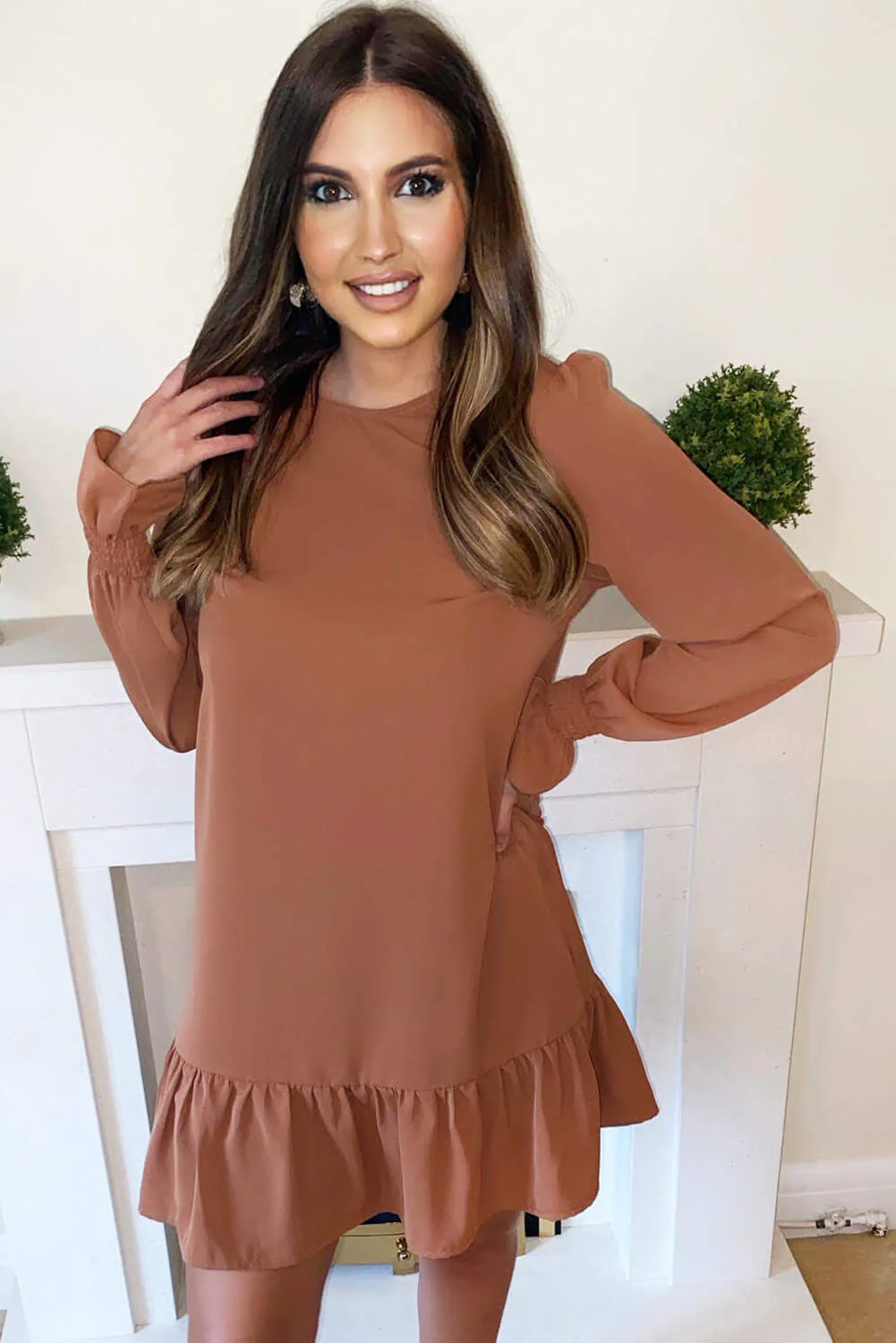 Camel Long Sleeve Frill Shift Dress - Swimclubus