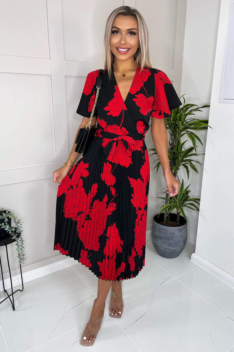 Black And Red Floral Print Pleated Midi Dress - Swimclubus