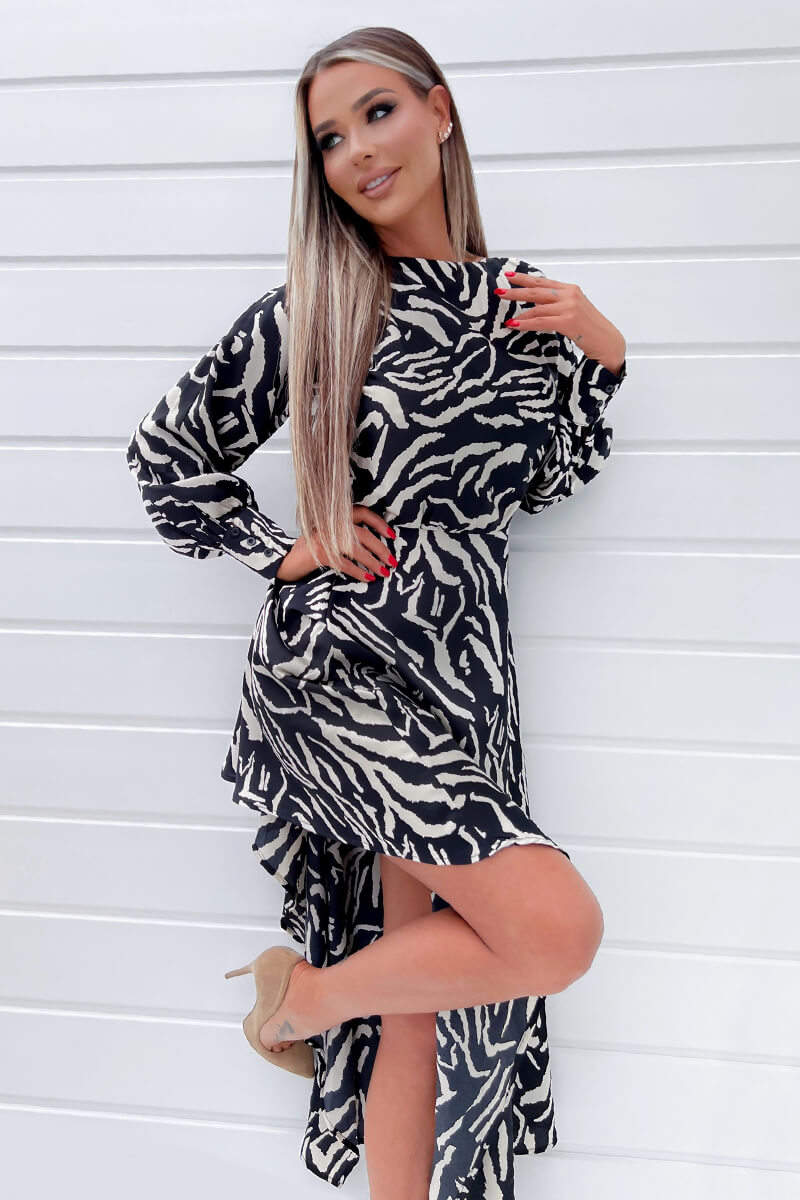 Black Animal Print High Low Skirt Midi Dress - Swimclubus
