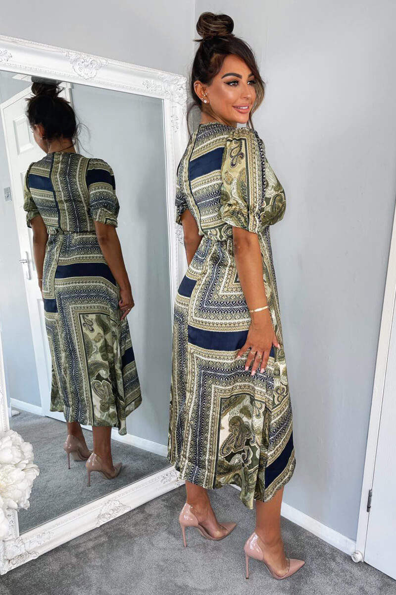 Khaki Scarf Print Wrap Midi Dress - Swimclubus