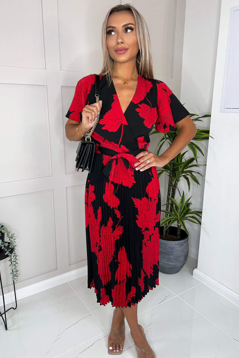 Black And Red Floral Print Pleated Midi Dress - Swimclubus