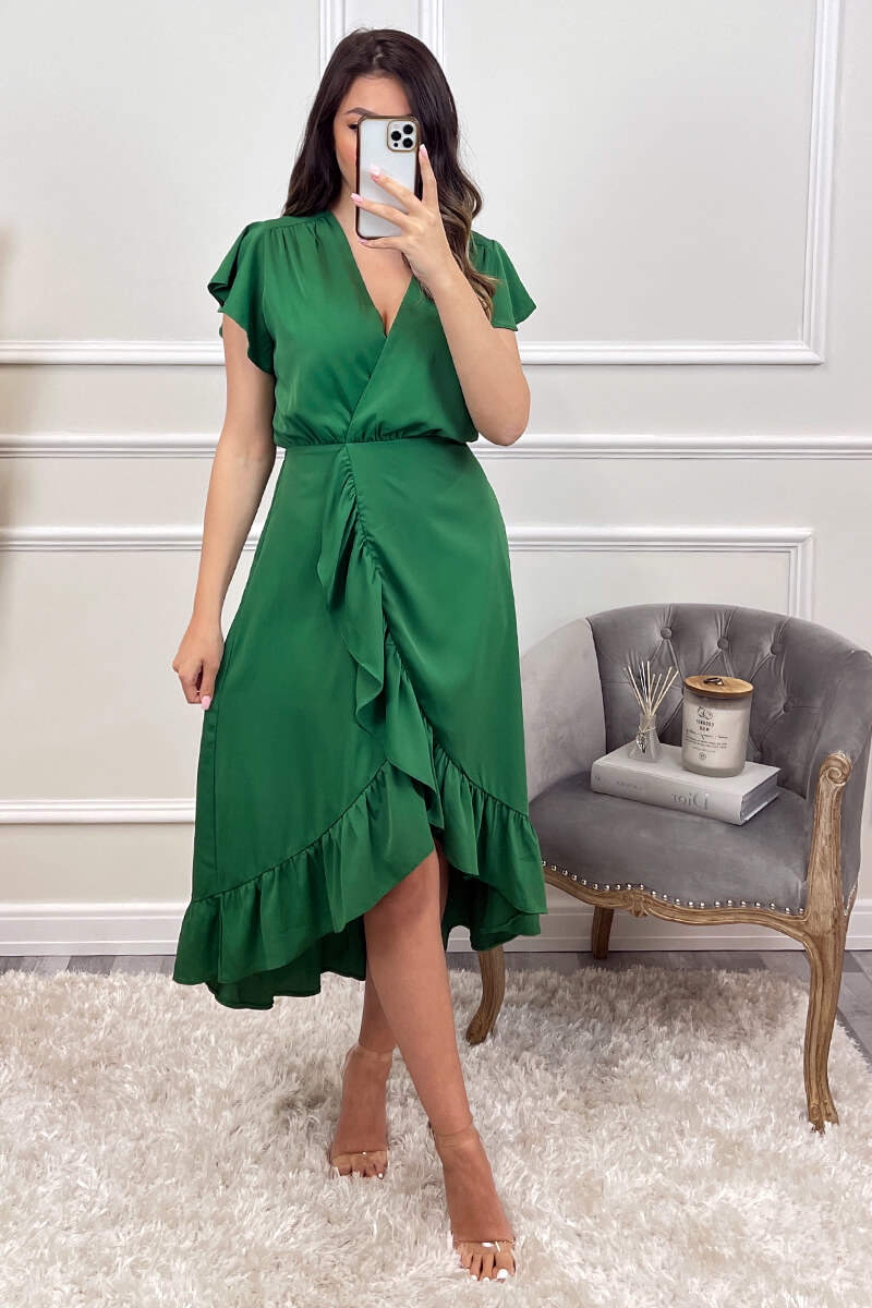 Green Wrap Over Frill Hem Short Sleeve Midi Dress - Swimclubus