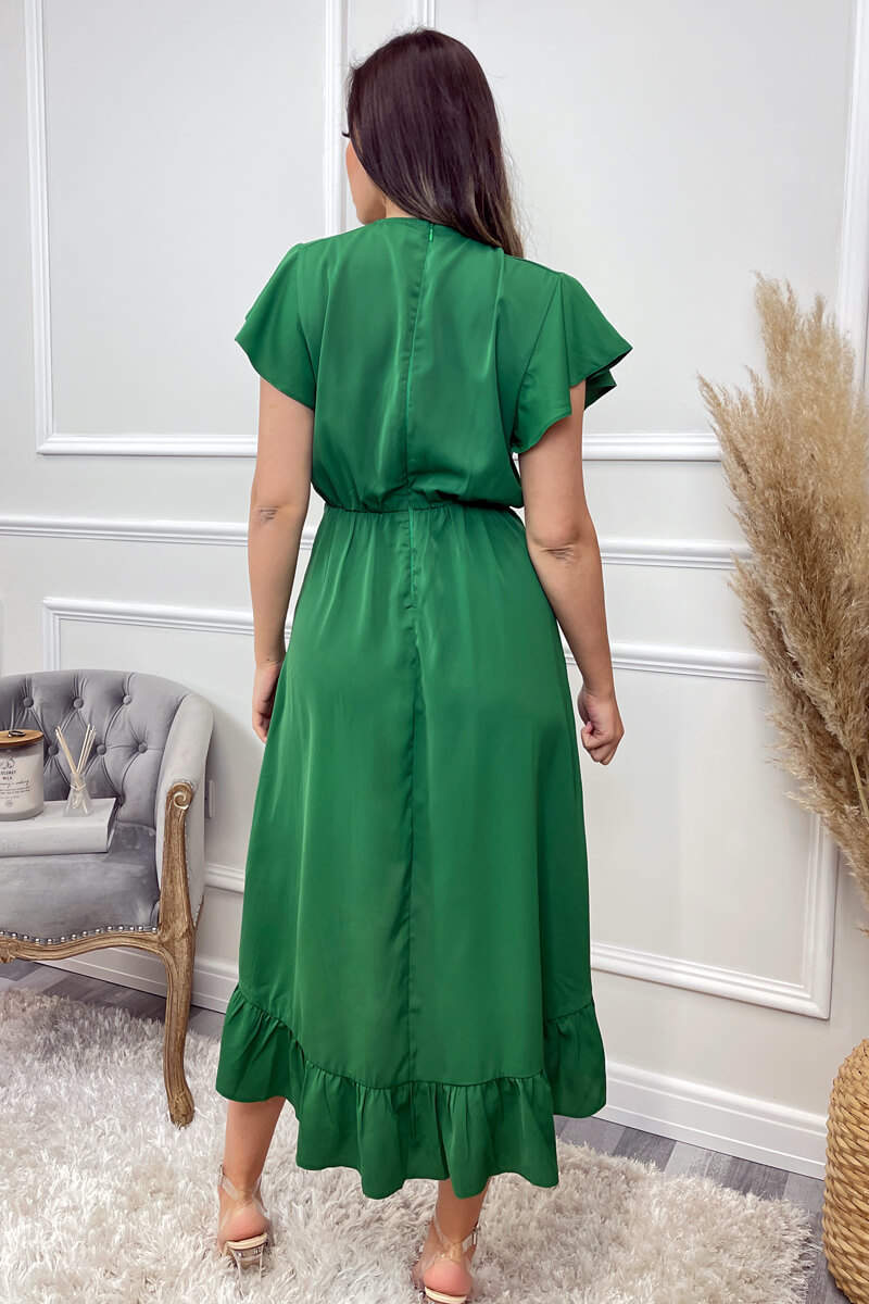 Green Wrap Over Frill Hem Short Sleeve Midi Dress - Swimclubus