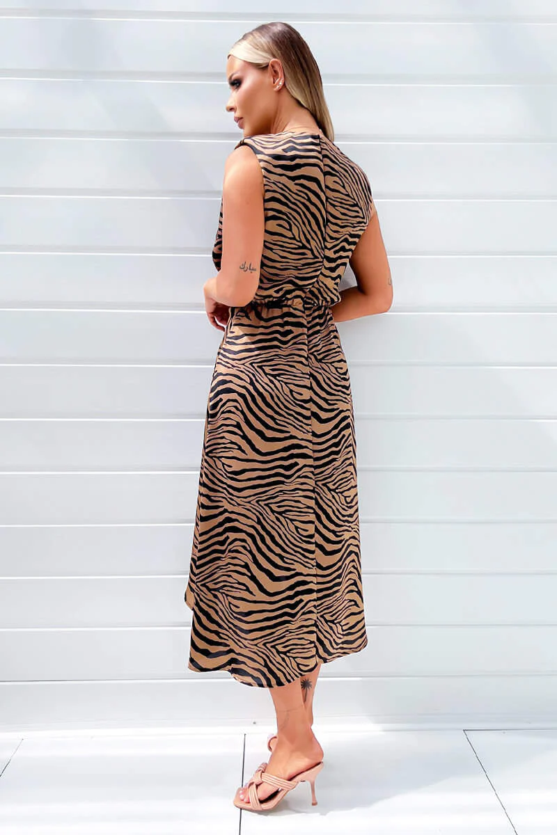 Camel Zebra Print Shoulder Padded Midi Dress - Swimclubus